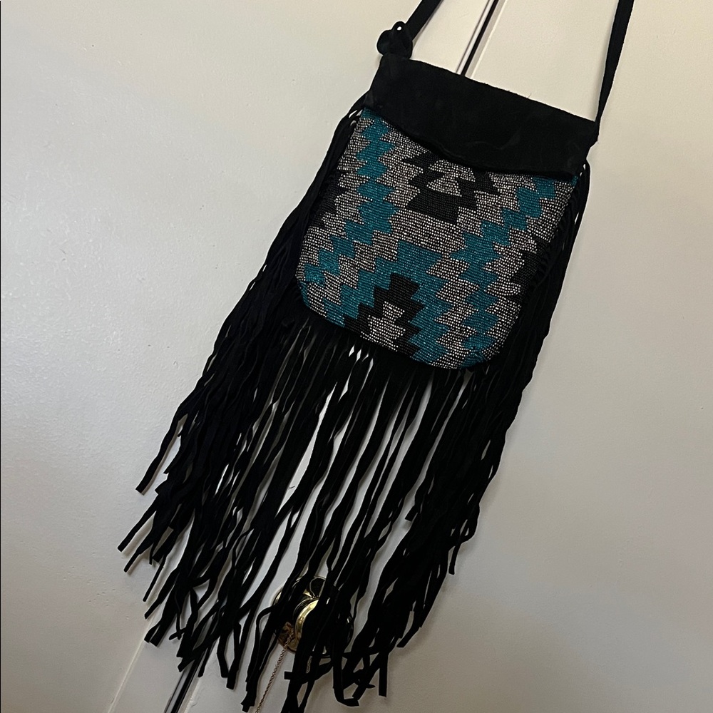 Genuine Suede Fringe Crossbody Bag in Black with Beaded Detailing